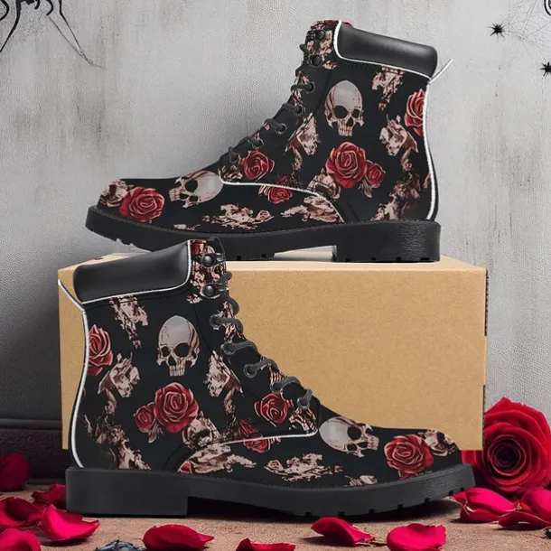 Men's Skull and Red Rose Combat Boots – Gothic Punk Lace-Up Ankle Boots for Halloween, Cosplay, Parties and Streetwear