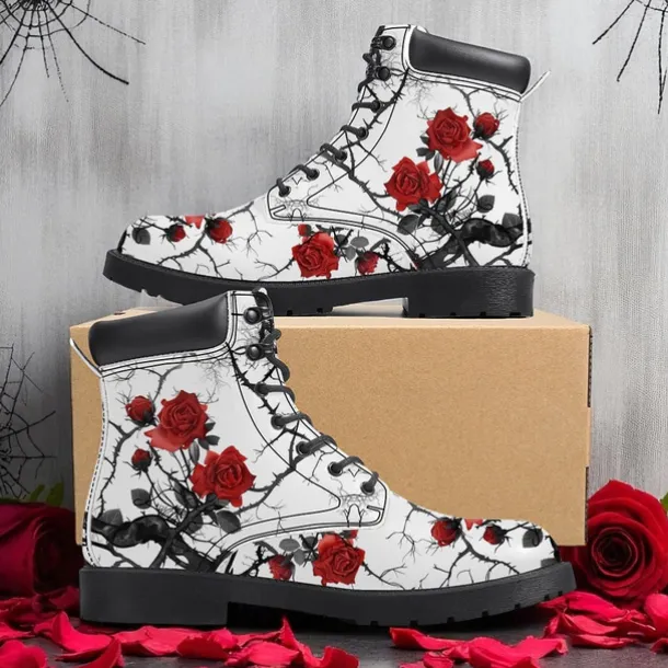 Men's Skull and Red Rose Combat Boots – Gothic Punk Lace-Up Ankle Boots for Halloween, Cosplay, Parties and Streetwear