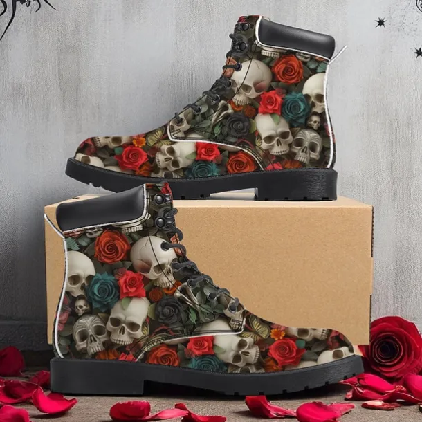 Men's Skull and Red Rose Combat Boots – Gothic Punk Lace-Up Ankle Boots for Halloween, Cosplay, Parties and Streetwear