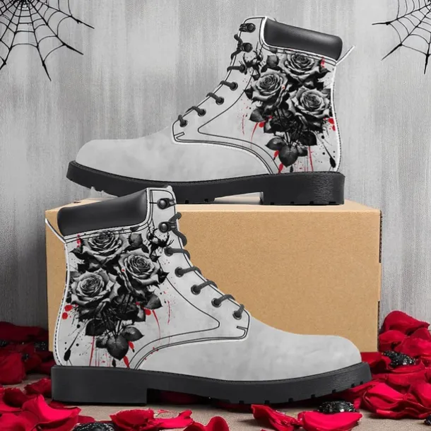 Men's Skull and Red Rose Combat Boots – Gothic Punk Lace-Up Ankle Boots for Halloween, Cosplay, Parties and Streetwear