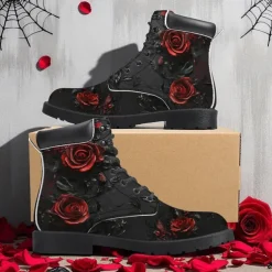 Men's Skull and Red Rose Combat Boots – Gothic Punk Lace-Up Ankle Boots for Halloween, Cosplay, Parties and Streetwear