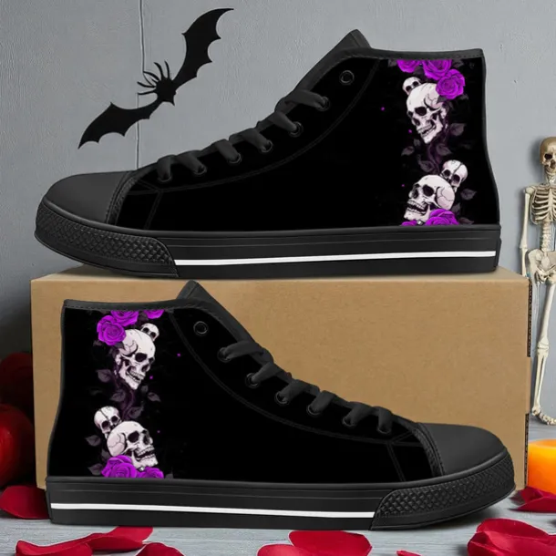 Men's Skull and Rose High-Top Canvas Sneakers – Gothic Punk Lace-Up Casual Shoes for Halloween, Parties and Everyday Fashion