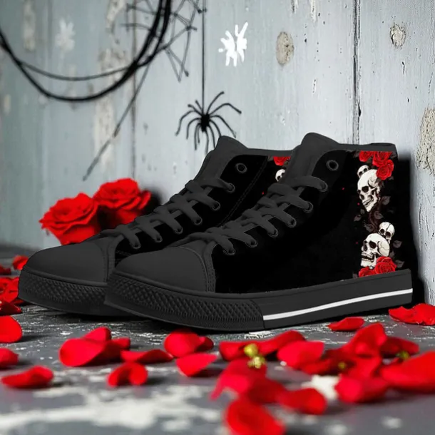 Men's Skull and Rose High-Top Canvas Sneakers – Gothic Punk Lace-Up Casual Shoes for Halloween, Parties and Everyday Fashion