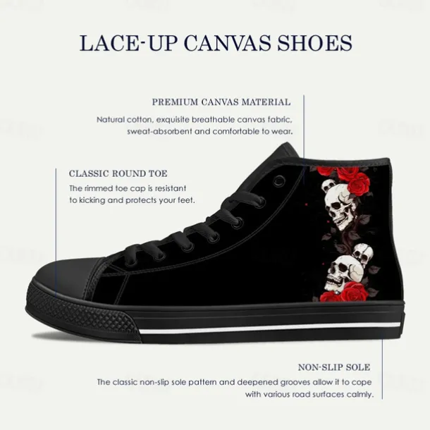 Men's Skull and Rose High-Top Canvas Sneakers – Gothic Punk Lace-Up Casual Shoes for Halloween, Parties and Everyday Fashion