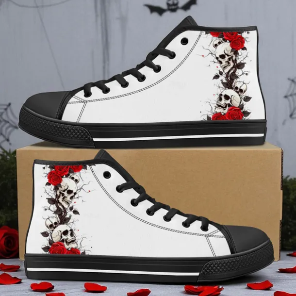 Men's Skull and Rose High-Top Canvas Sneakers – Gothic Punk Lace-Up Casual Shoes for Halloween, Parties and Everyday Fashion
