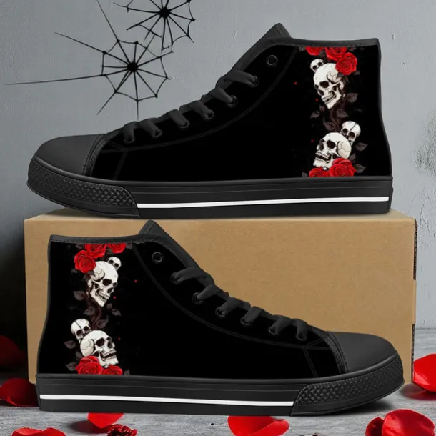 Men's Skull and Rose High-Top Canvas Sneakers – Gothic Punk Lace-Up Casual Shoes for Halloween, Parties and Everyday Fashion