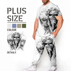 Men's Skull 3D Print Graphic Prints 2pcs Tees sets Matching Sets Short Sleeve Long pants Crew Neck Fashion Streetwear Casual Outdoor Daily Sports 3D Print Spring & Summer White Blue Brown