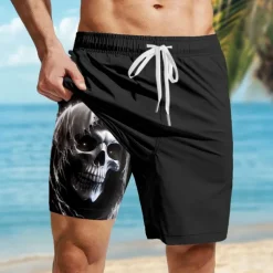 Men's Skull Dark Gothic Lined Shorts 2 in 1 Board Shorts Swim Shorts Mid Waist Hawaiian Retro Vintage Holiday Beach Wear Side Pockets With Compression Liner Elastic Drawstring Waist Designer Clothing