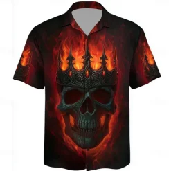 Men's Skull Devil Flame Shirt Cuban Collar Shirt Button Up Shirt Short Sleeve Dark Punk Gothic Style Holiday Streetwear Summer Camp Collar Shirt 3D Print Black 1 Black