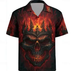 Men's Skull Devil Flame Shirt Cuban Collar Shirt Button Up Shirt Short Sleeve Dark Punk Gothic Style Holiday Streetwear Summer Camp Collar Shirt 3D Print Black 1 Black
