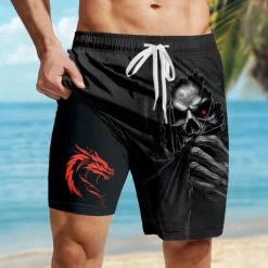 Men's Skull Dragon Halloween Costumes Lined Shorts 2 in 1 Board Shorts Swim Shorts Mid Waist Vintage Retro Vacation Holiday Beach Wear Side Pockets With Compression Liner Elastic Drawstring Waist