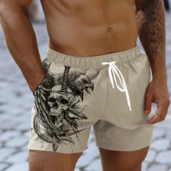 Men's Skull Eagle Snake Swim Trunks Swim Shorts Board Shorts Mid Waist Punk & Gothic Vacation Party Holiday with Mesh lining Elastic Waist 3D Print Designer Clothing Apparel