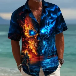Men's Skull Flame Halloween Costumes Shirt Cuban Collar Shirt Button Up Shirt Short Sleeve Dark Punk Gothic Style Holiday Streetwear Summer Camp Collar Shirt 3D Print Blue 2# Blue 1# Dark Blue