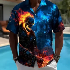 Men's Skull Flame Halloween Costumes Shirt Cuban Collar Shirt Button Up Shirt Short Sleeve Dark Punk Gothic Style Holiday Streetwear Summer Camp Collar Shirt 3D Print Blue 2# Blue 1# Dark Blue