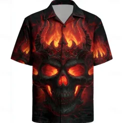 Men's Skull Flame Halloween Costumes Shirt Cuban Collar Shirt Button Up Shirt Short Sleeve Dark Punk Gothic Style Holiday Streetwear Summer Camp Collar Shirt 3D Print Red Orange