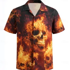 Men's Skull Flame Halloween Costumes Shirt Cuban Collar Shirt Button Up Shirt Short Sleeve Dark Punk Gothic Style Holiday Streetwear Summer Camp Collar Shirt 3D Print Red Orange