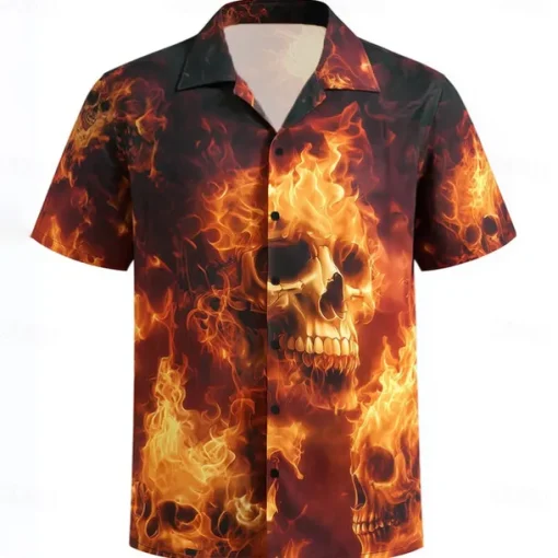 Men's Skull Flame Halloween Costumes Shirt Cuban Collar Shirt Button Up Shirt Short Sleeve Dark Punk Gothic Style Holiday Streetwear Summer Camp Collar Shirt 3D Print Red Orange