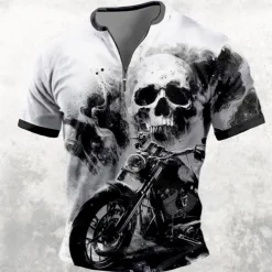 Men's Skull Flame Motorcycle T shirt Short Sleeve T shirt 3D Print Half Zip Shirt Retro Vintage Street Casual Daily Black Orange Summer Spring Clothing Apparel S M L XL XXL XXXL