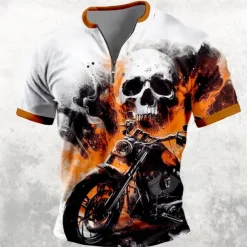 Men's Skull Flame Motorcycle T shirt Short Sleeve T shirt 3D Print Half Zip Shirt Retro Vintage Street Casual Daily Black Orange Summer Spring Clothing Apparel S M L XL XXL XXXL