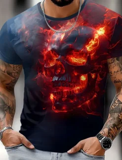 Men's Skull Flame T Shirt Short Sleeve T shirt 3D Print Crew Neck Shirt Exaggerated Designer Party Holiday Club Red Blue Summer Spring Clothing Apparel S M L XL XXL XXXL