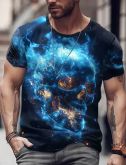 Men's Skull Flame T Shirt Short Sleeve T shirt 3D Print Crew Neck Shirt Exaggerated Designer Party Holiday Club Red Blue Summer Spring Clothing Apparel S M L XL XXL XXXL