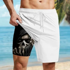 Men's Skull Gothic Halloween Costumes Lined Shorts 2 in 1 Board Shorts Swim Shorts Mid Waist Retro Vintage Hawaiian Holiday Streetwear Side Pockets With Compression Liner Elastic Drawstring Waist