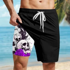 Men's Skull Gothic Halloween Costumes Lined Shorts 2 in 1 Board Shorts Swim Shorts Mid Waist Hawaiian Retro Vintage Holiday Streetwear Side Pockets With Compression Liner Elastic Drawstring Waist