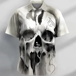 Men's Skull Halloween Costumes Shirt Button Up Shirt Short Sleeve Casual Dark Vacation Daily Evening Party Summer Turndown Collared Shirts Buttons Print Black Gray
