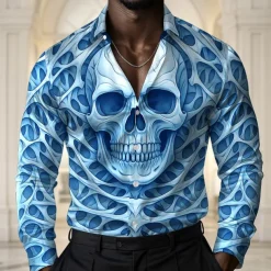Men's Skull Halloween Costumes Shirt Satin Shirt Dress Shirt Long Sleeve Dark Gothic Style Holiday Summer Spring Fall Turndown 3D Print Button Up Shirts Blue Green Khaki Gray