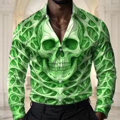 Men's Skull Halloween Costumes Shirt Satin Shirt Dress Shirt Long Sleeve Dark Gothic Style Holiday Summer Spring Fall Turndown 3D Print Button Up Shirts Blue Green Khaki Gray