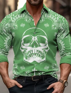 Men's Skull Halloween Costumes Day of the Dead Shirt Button Up Shirt Long Sleeve Abstract Outdoor Street Casual Daily Fall & Winter Turndown Buttons Print Black Green