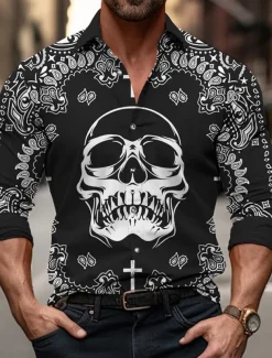 Men's Skull Halloween Costumes Day of the Dead Shirt Button Up Shirt Long Sleeve Abstract Outdoor Street Casual Daily Fall & Winter Turndown Buttons Print Black Green