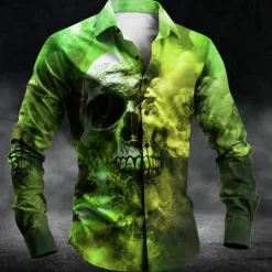 Men's Skull Halloween Costumes Button Up Shirt Long Sleeve Dark Party Evening Wear Daily Fall Winter Spring & Summer Shirt Collar Button Up 3D Print Purple Fuchsia Green