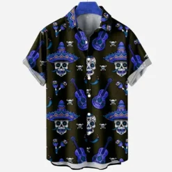 Men's Skull Halloween Costumes Shirt Short Sleeves Fashion Designer Casual Outdoor Halloween Street Summer Spring Turndown Print Button-Down Navy Blue Blue Purple Green