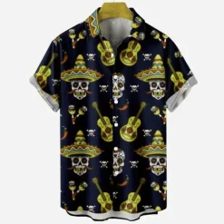 Men's Skull Halloween Costumes Shirt Short Sleeves Fashion Designer Casual Outdoor Halloween Street Summer Spring Turndown Print Button-Down Navy Blue Blue Purple Green