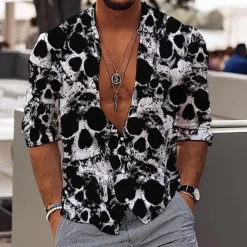 Men's Skull Halloween Costumes Day of the Dead Shirt Button Up Shirt Long Sleeve Sports Fashion Streetwear Outdoor Casual Daily Fall & Winter Turndown Print Button-Down Black