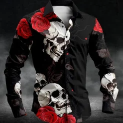 Men's Skull Halloween Costumes Day of the Dead Button Up Shirt Long Sleeve Casual Dark Party Evening Wear Daily Fall Winter Spring & Summer Shirt Collar Button Up 3D Print Black White Blue Purple
