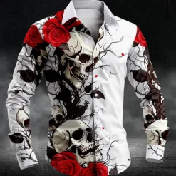 Men's Skull Halloween Costumes Day of the Dead Button Up Shirt Long Sleeve Casual Dark Party Evening Wear Daily Fall Winter Spring & Summer Shirt Collar Button Up 3D Print Black White Blue Purple