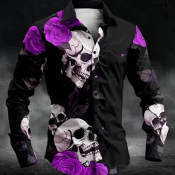 Men's Skull Halloween Costumes Day of the Dead Button Up Shirt Long Sleeve Casual Dark Party Evening Wear Daily Fall Winter Spring & Summer Shirt Collar Button Up 3D Print Black White Blue Purple