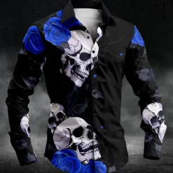 Men's Skull Halloween Costumes Day of the Dead Button Up Shirt Long Sleeve Casual Dark Party Evening Wear Daily Fall Winter Spring & Summer Shirt Collar Button Up 3D Print Black White Blue Purple