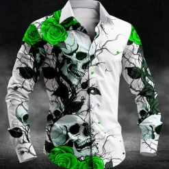 Men's Skull Halloween Costumes Day of the Dead Button Up Shirt Long Sleeve Casual Dark Party Evening Wear Daily Fall Winter Spring & Summer Shirt Collar Button Up 3D Print Black White Blue Purple