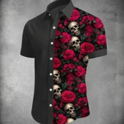 Men's Skull Halloween Costumes Day of the Dead Shirt Button Up Shirt Short Sleeve Dark Punk Gothic Style Holiday Summer Spring Turndown 3D Print Collared Shirts Black White