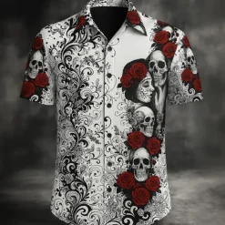 Men's Skull Halloween Costumes Day of the Dead Shirt Button Up Shirt Short Sleeve Dark Punk Gothic Style Holiday Summer Spring Turndown 3D Print Collared Shirts Black White