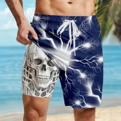 Men's Skull Lightening Gothic Lined Shorts 2 in 1 Board Shorts Swim Shorts Mid Waist Retro Vintage Holiday Streetwear Side Pockets With Compression Liner Elastic Drawstring Waist Designer Clothing