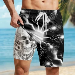Men's Skull Lightening Gothic Lined Shorts 2 in 1 Board Shorts Swim Shorts Mid Waist Retro Vintage Holiday Streetwear Side Pockets With Compression Liner Elastic Drawstring Waist Designer Clothing