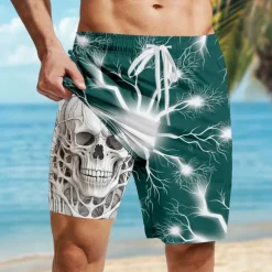 Men's Skull Lightening Gothic Lined Shorts 2 in 1 Board Shorts Swim Shorts Mid Waist Retro Vintage Holiday Streetwear Side Pockets With Compression Liner Elastic Drawstring Waist Designer Clothing