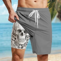Men's Skull Lined Shorts 2 in 1 Board Shorts Swim Shorts Mid Waist Hawaiian Casual Vacation Holiday Beach Wear Side Pockets Color Block With Compression Liner Designer Clothing Apparel