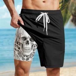 Men's Skull Lined Shorts 2 in 1 Board Shorts Swim Shorts Mid Waist Hawaiian Casual Vacation Holiday Beach Wear Side Pockets Color Block With Compression Liner Designer Clothing Apparel