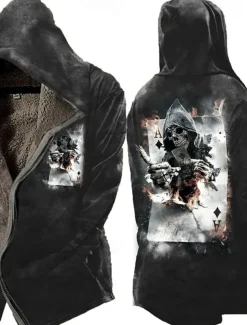 Men's Skull Poker Winter Coat Fleece Jacket Coat Warm Breathable Comfortable Fashion Streetwear Casual Daily Sports & Outdoor Daily Wear Going out Zipper Pocket Print Fall & Winter Hoodie Long Sleeve