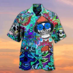 Men's Skull Shirt Summer Hawaiian Shirt Camp Collar Shirt Short Sleeve Shirt Turndown Hawaiian Designer Casual Outdoor Street Casual Red Blue Purple 3D Print S M L